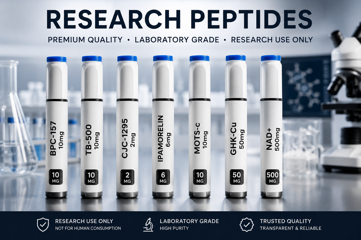 Gaia Peptides research peptide pen range displayed in a laboratory setting